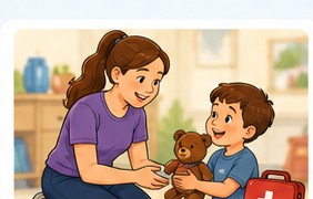 Cartoon babysitting safety training scene.