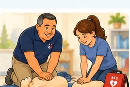 Cartoon CPR and first aid training scene.
