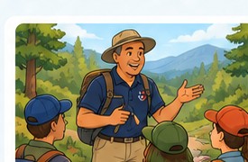 Cartoon wilderness and remote first aid training scene.